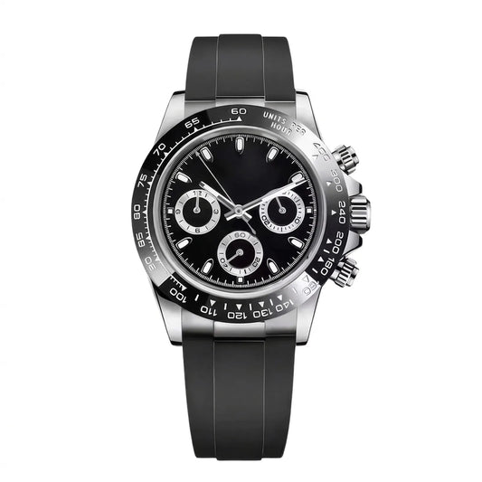 Montre Chronographe Noir et Argent, Bracelet Caoutchouc