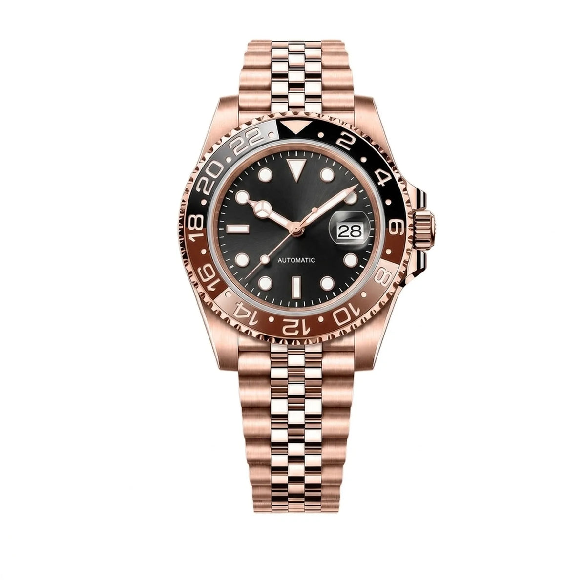 Montre GMT Lunette Marron, Or Rose